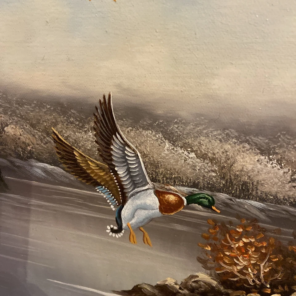 "Mallard ducks flying over Lake" oil painting on canvas By J. Perrine - Image 4 of 4