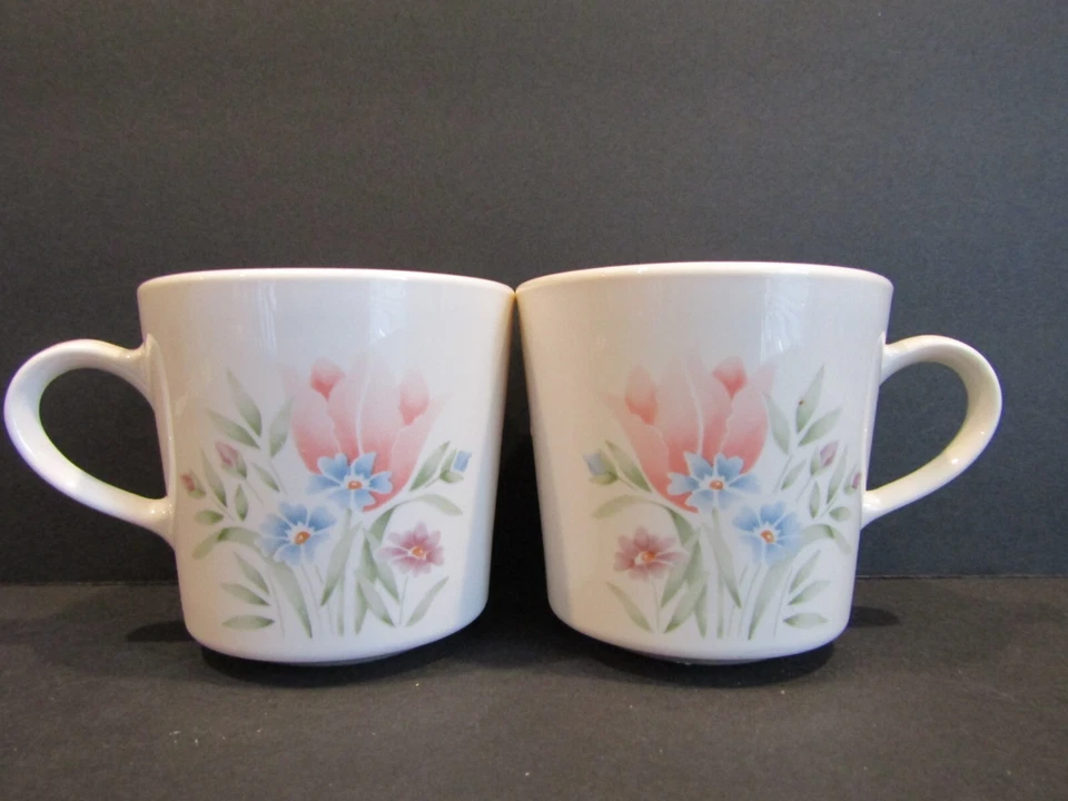 CORELLE Corning Juego de 2 Tazas Rosa Tulipanes AZUL Y PÚRPURA Flores ARENISCA 3.5" T Foto 4 de 4