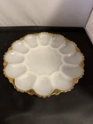 Vintage Anchor Hocking Swirl Milk Glass Deviled Egg Tray Plate Gold Trim
