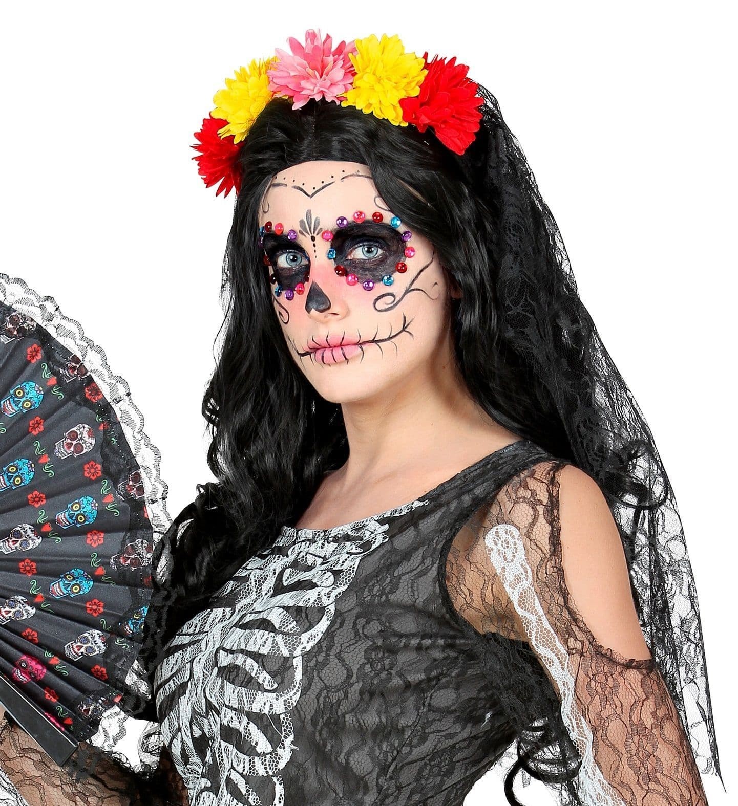 Halloween Dia De Los Muertos Veil With Flowers