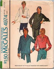 McCalls 4974 Vintage 1970s Mens Shirt w Embroidery Transfer Sewing Pattern 38 40