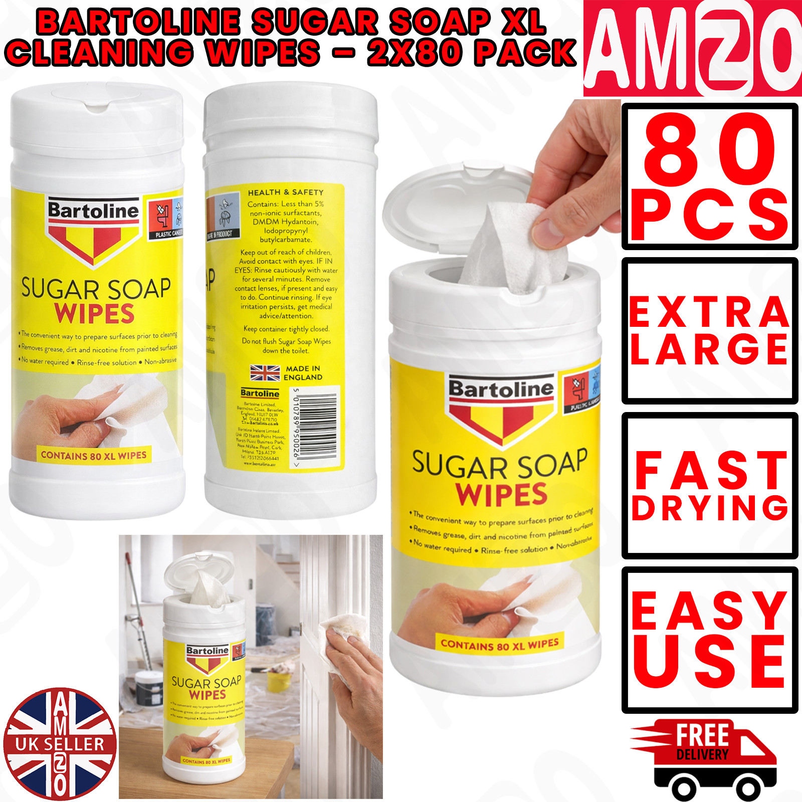 Bartoline Sugar Soap 2x 80 XL Wipes Pre Paint Cleaning Degreasing Surface Wipes