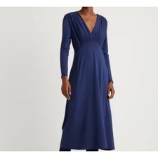 Quince Navy Tencel Jersey V-Neck Long Sleeve Smocked Midi Dress S Small New