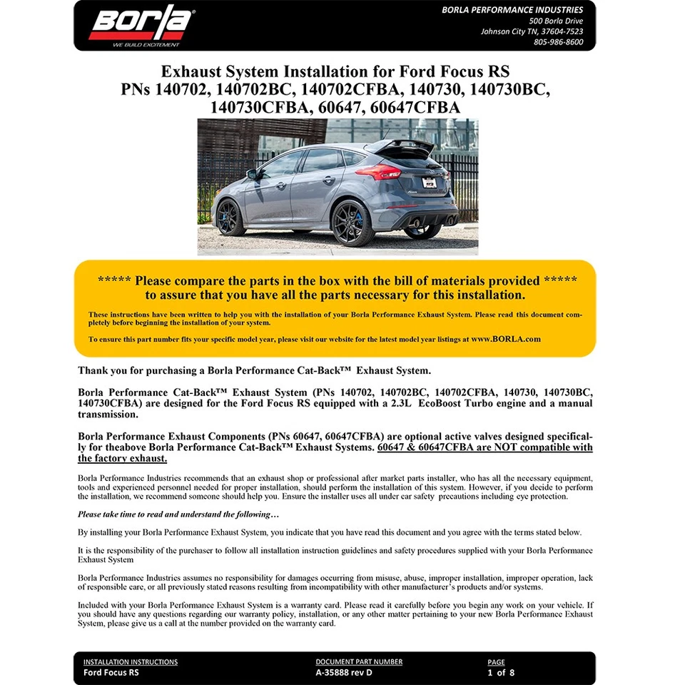 Kit de escape trasero de acero inoxidable Borla 140730 ATAK para Ford Focus RS 2016-18 2,3 L Foto 4 de 4