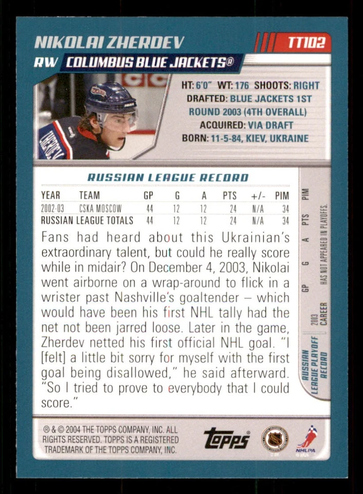2003-04 Topps Traded #TT102 Nikolai Zherdev RC - Image 2 of 2