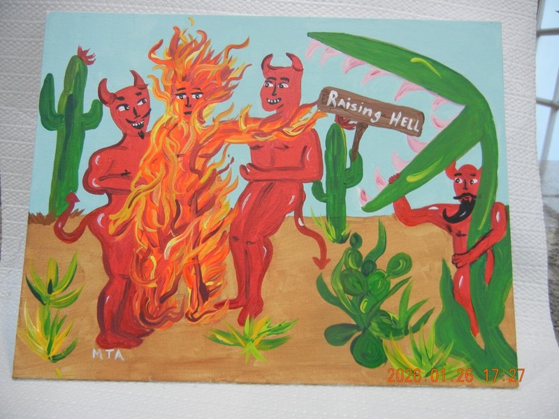 Raising hell Original Painting 9 x 7 inch original Devils and hell fire