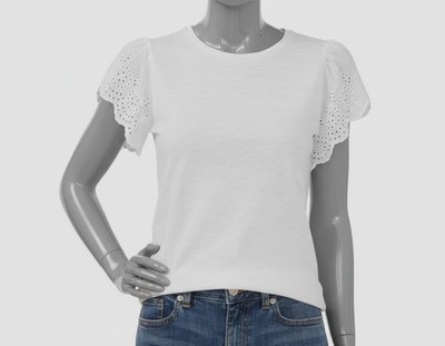 CeCe Women's White Crewneck Eyelet Flutter Sleeve T-Shirt Top Size L