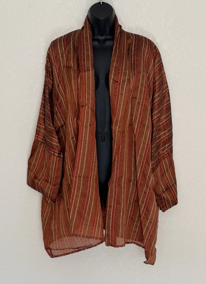 Chaqueta Eskandar Talla 0 Seda Lino Larga Abierta Frontal Telar Cubierta Envoltura Lagenlook Foto 3 de 4