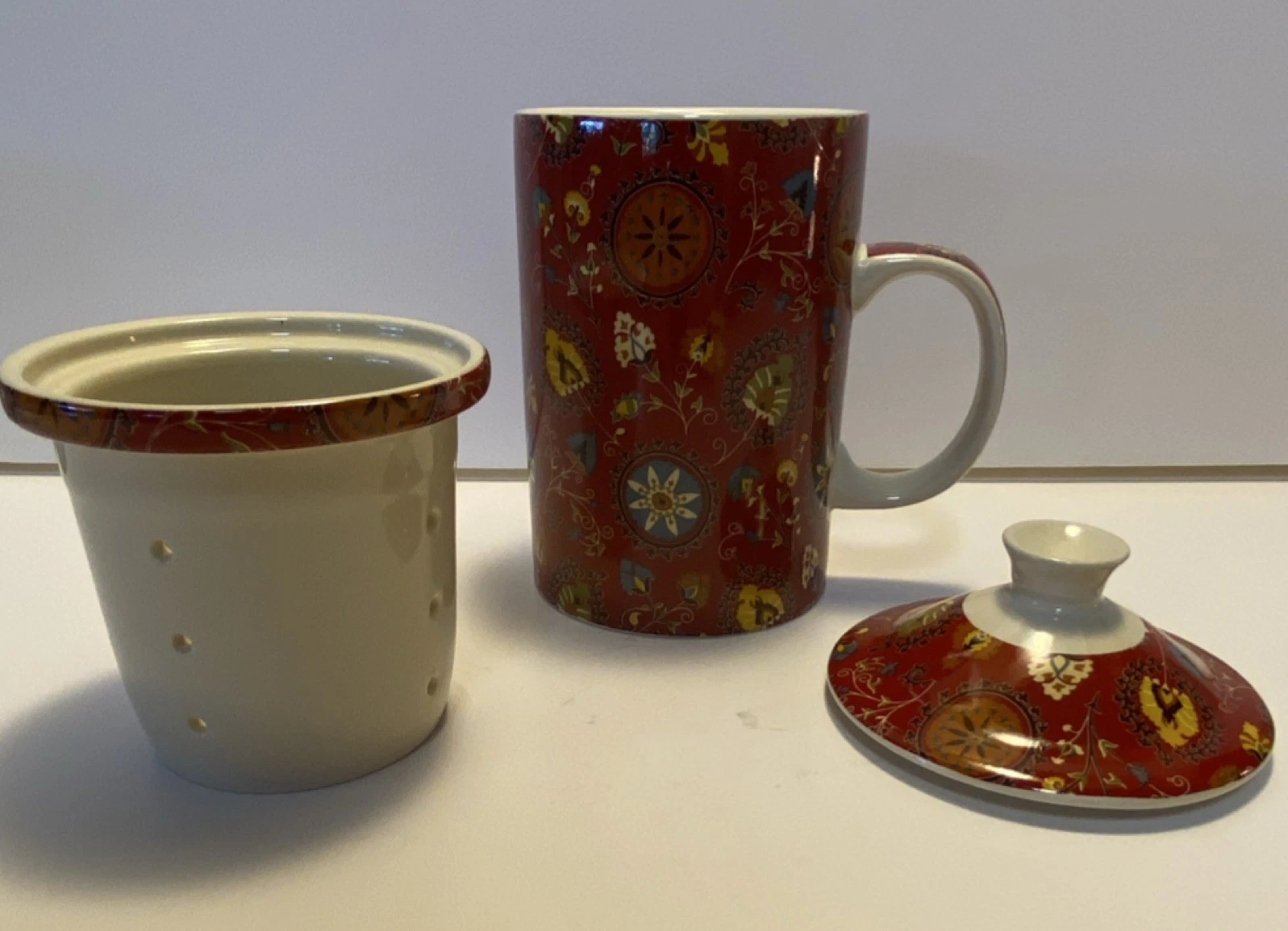 WORLD MARKET CERAMIC TEACUP, INFUSER AND LID. BOHO INSPIRED BEAUTIFUL COLOR