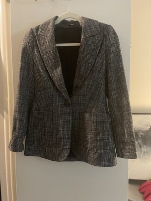 Express Editor Gray Plaid One Button Career Office Blazer Women Size Small