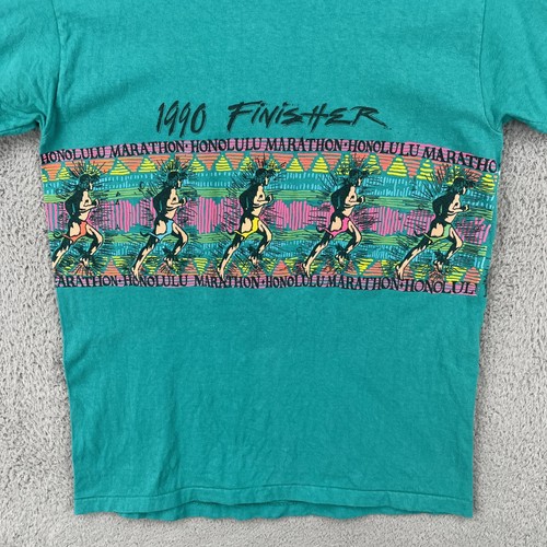 Camicia vintage Hanes Beefy-T L verde punto singolo made in USA 1990 Honolulu Marathon - Foto 4 di 20