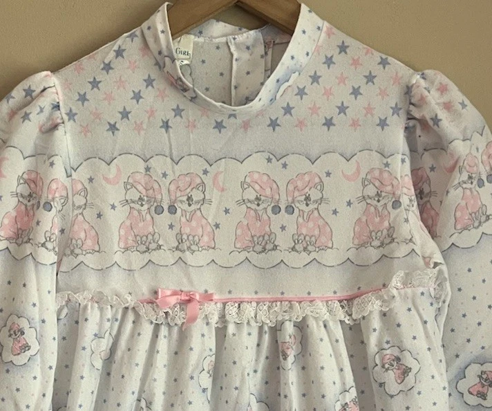 Vintage Tom Girl Nightgown Gown Flannel Cat Cloud White Girls Size 14 - Image 4 of 4