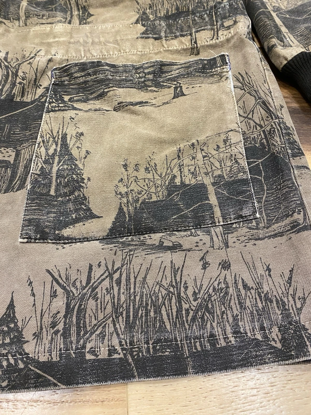 Vintage Michigan Rag Co Cabin Forest Print Hooded Canvas Jacket Distressed Rare - product detail image 3
