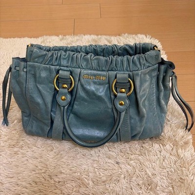 Miu Miu Vitello Lux Gathered Handbag Light Blue Rare Color Bag