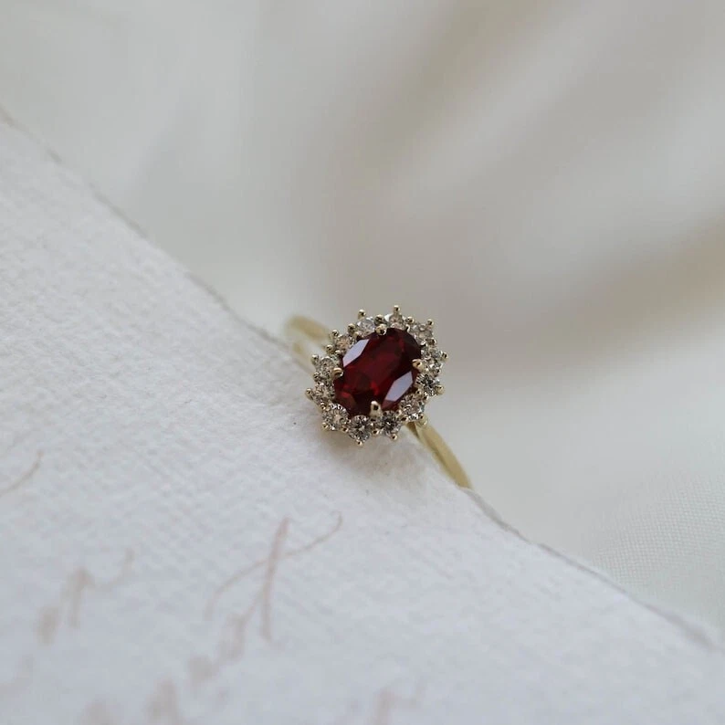 Anillo de boda Art Deco de plata 925 chapado en oro blanco granate natural corte ovalado Foto 4 de 4