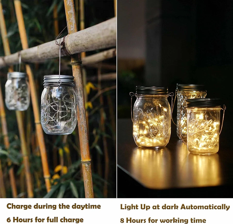 6 Pack Mason Jar Lights 10 LED Solar Warm White Fairy String Lights Lids Insert - Image 4 of 4