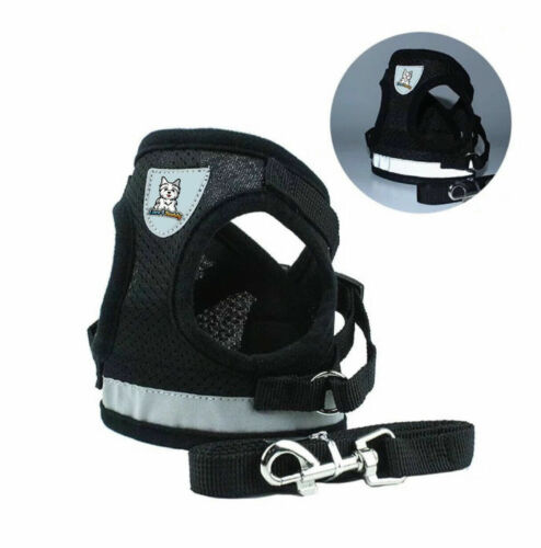 Pet Dog Cat Adjustable Harness and Leash Mesh Fabric Black Puppy Reflective Vest