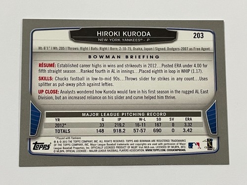 2013 Bowman Baseball Gold #203 - Hiroki Kuroda - New York Yankees - Picture 2 of 2