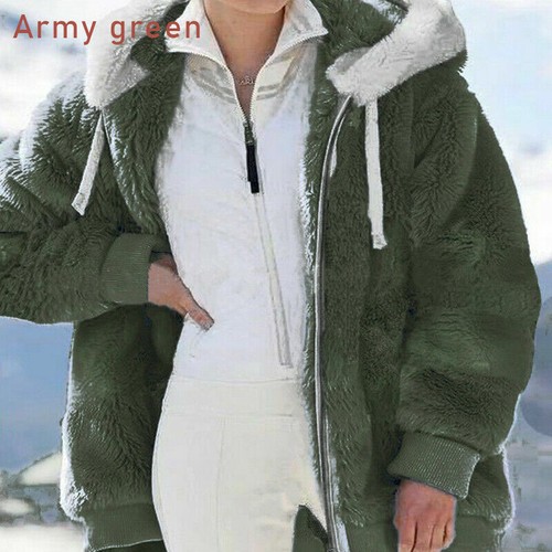 Women's Winter Warm Loose Plush Plain Color Zipper Hooded Jacket Coat Plus - Picture 10 of 11