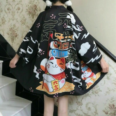 Women Japanese Coat Kimono Lucky Cat Cardigan Blouse Yukata Jacket Shirt