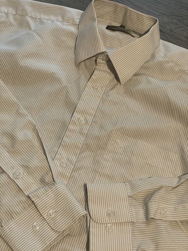 Giorgio Armani, Vintage Giorgio Armani Dress Shirt Mens 17.5/34 Brown Striped Button Up LS