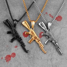 Gold Black AK47 Gun Long Never Fade Weapon Stainless Necklaces Pendant 23" Chain