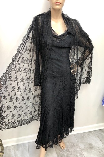 VTG 1930s WITCHY Bias-Cut BLACK LACE FLAPPER Gown w/Shoulder Wings GOTH WEDDING - Picture 5 of 18