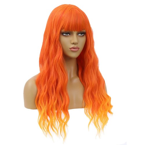 22" Long Ombre Orange Fire Bang Wig wave synthetic costume cosplay girl hair - Picture 9 of 15