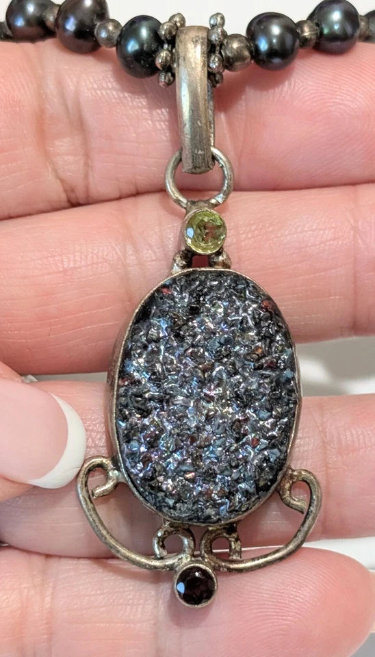 Collar De Colección Plata Esterlina Genuina Perla Pavo Real Druzy Granate Peridoto 20" Foto 2 de 4