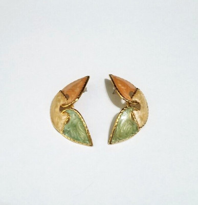 Vintage Pierced Earrings Earth & Gold Tone Swirl Pattern 2'' Fortune Cookie Shape