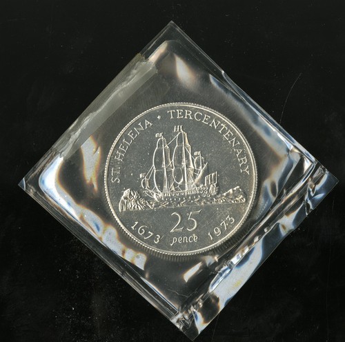 1973 ST HELENA 25 PENCE STERLING (.925) SILVER PROOF CROWN WITH CASE LOW MINTAGE