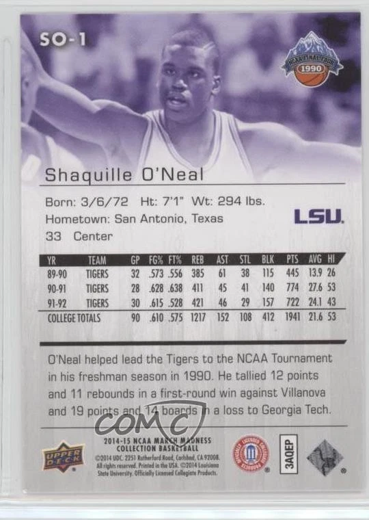 2014-15 Upper Deck NCAA March Madness Collection Shaquille O'Neal #SO-1 HOF - Image 2 of 2