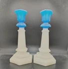 2pc  Antique Frosted Blue/White Milk Glass Candlesticks  8-1/2''