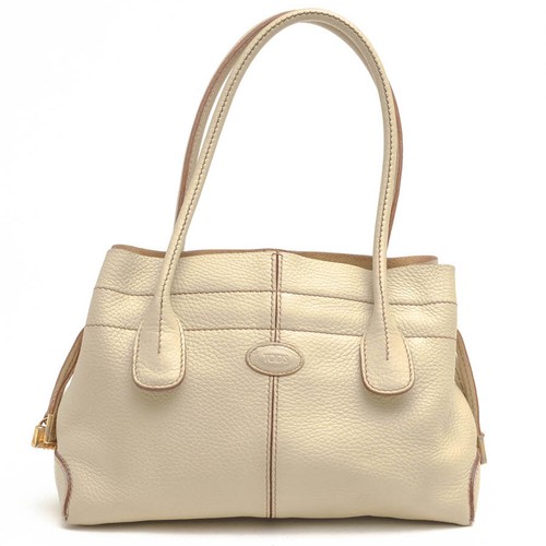 TOD'S Hand Bag Tote Purse Restyled D-Bag Logo Leather Off White Authentic