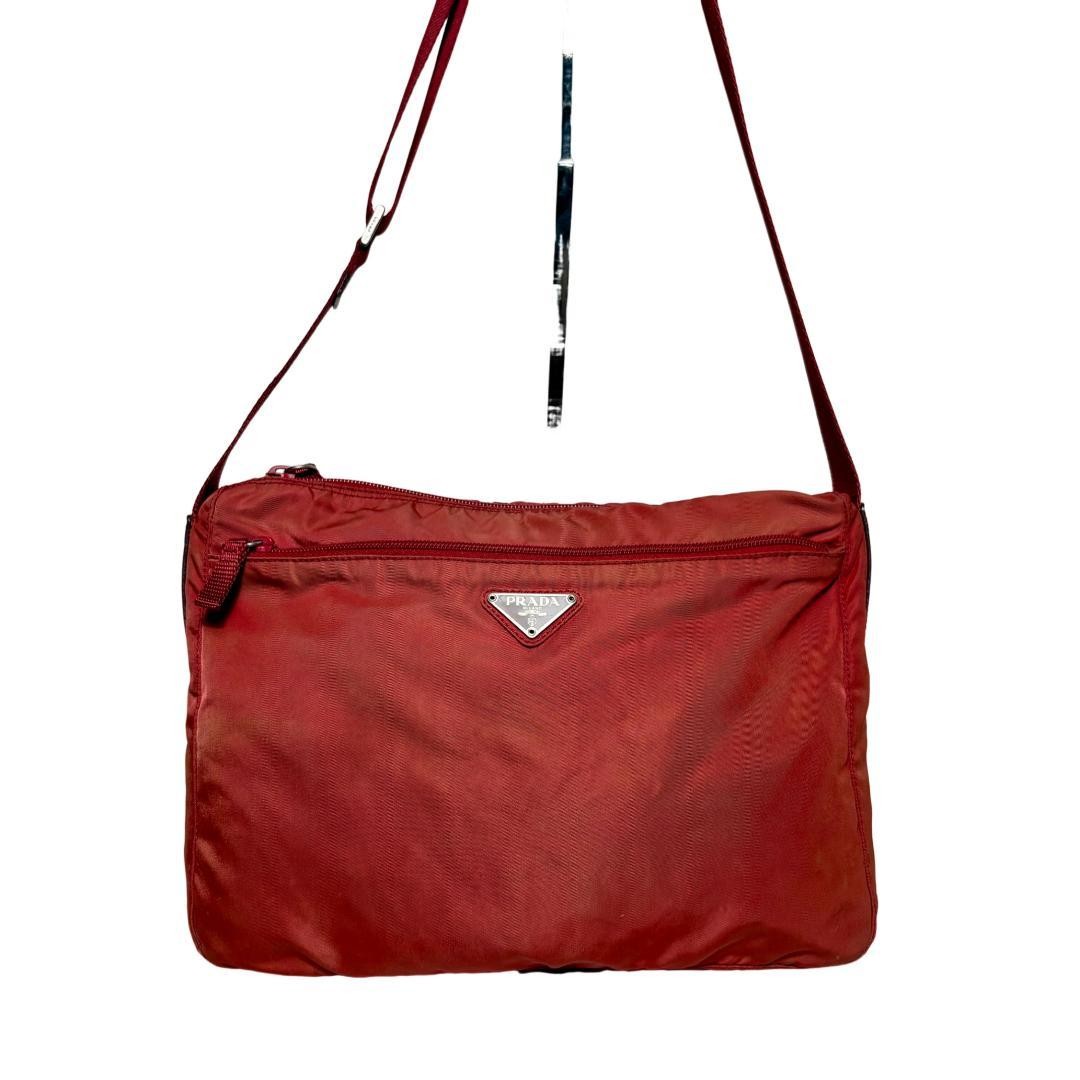 Prada Red Triangle Logo Nylon Crossbody Shoulder Bag