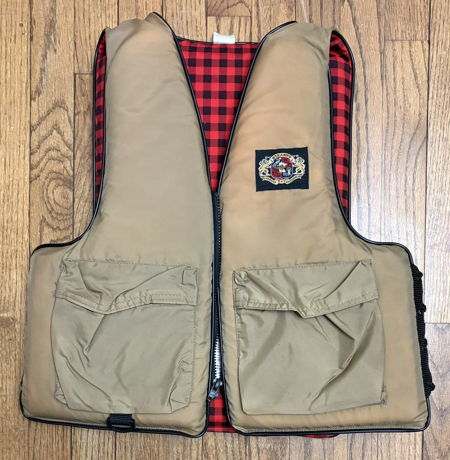VTG Stearns Anglers Vest SZ M (32-40) Fishing Life Jacket SBV-4142 Beige W/Plaid