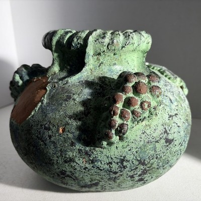 Vintage 3D Green Rustic Distressed Terracotta Clay Pot Planter Grape Clusters