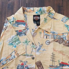 Vintage Harley Davidson Hawaiian Shirt Womens L Yellow Button Up Biker USA Made