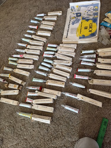Vintage Tri-Chem Liquid Embroidery fabric paint tubes designs on fabric