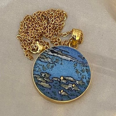 Claude Monet Water Lilies Inspired 18k Gold Plated Chain Blue Round 90s Necklace