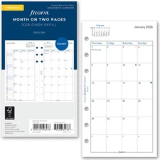 2026 Filofax Personal Size Refill 26-68410 Month on Two Pages, 95mm x 171mm