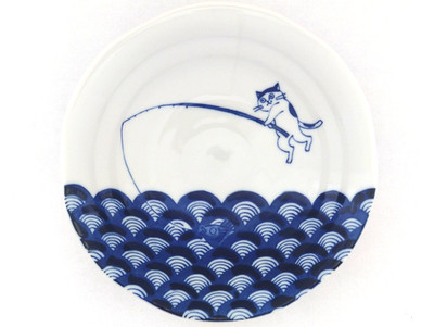 Japanese Mino Ware Cat Fishing Plate Porcelain 6.5 in Blue White No Box