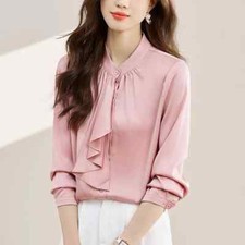 Camicia Maglia Blusa Donna Camicetta Raso Rosa Cipria Satin Elegante 00995