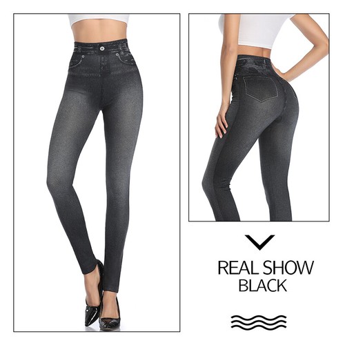 Ladies Winter Faux Denim Thick Thermal Skinny Jeggings Pants Denim Leggings - 第 9/16 張圖片