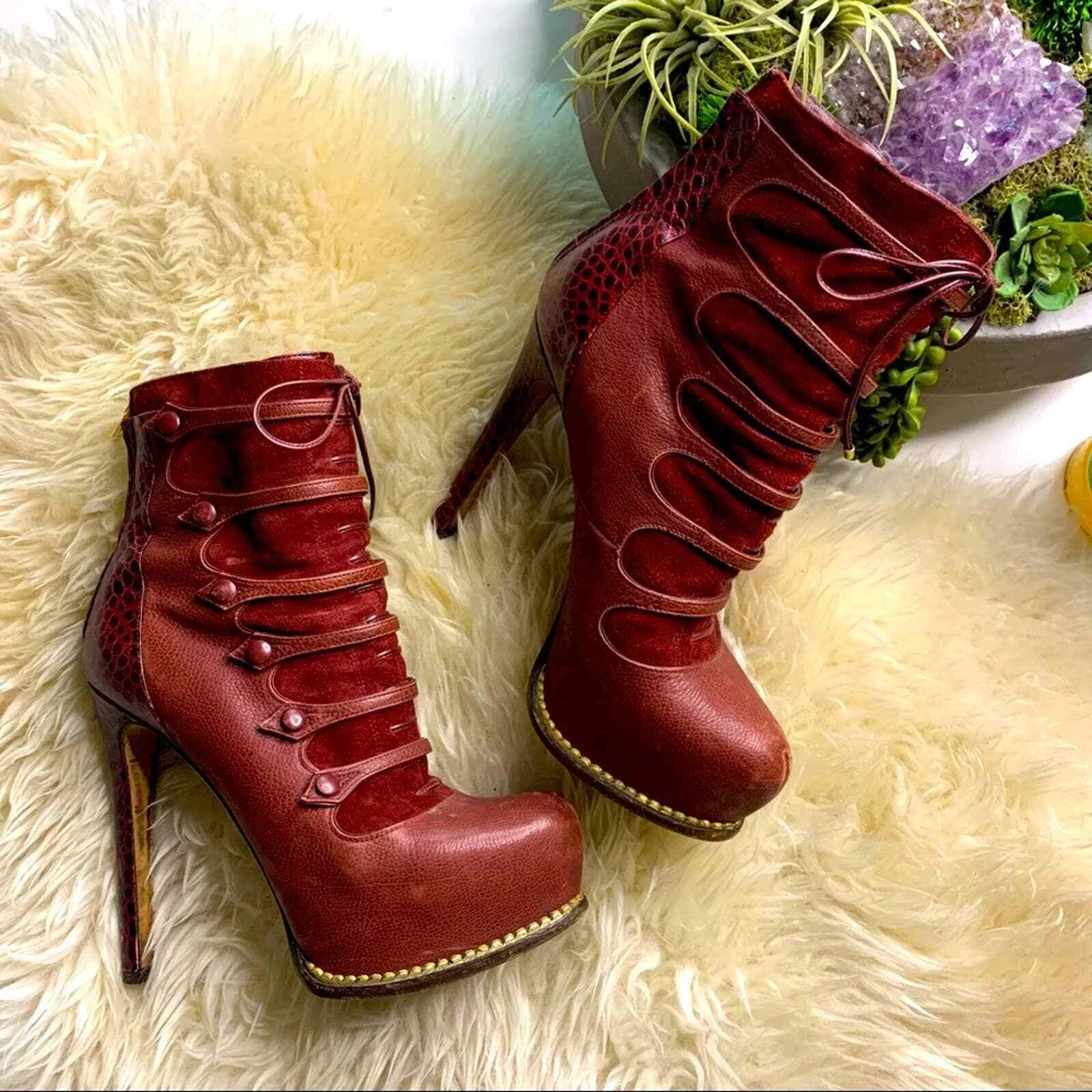 BOTTE CHEVILLE AUTHENTIQUE DIOR BORDEAUX DUCHESSE CROC CORSET PLATEFORME TAILLE 6,5