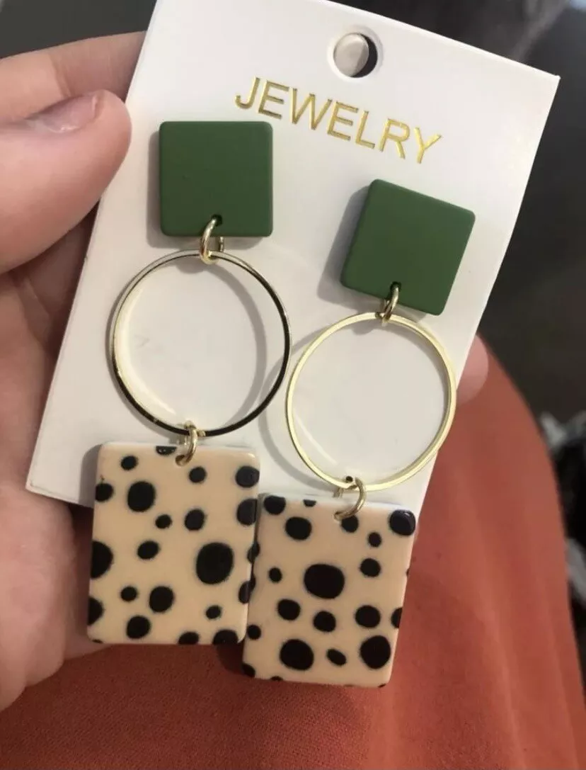 Gold Drop Square Green Circle Dangle Large Statement Earrings Lightweight Uk