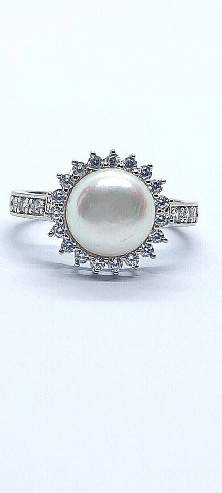 Anello donna argento 925 con perla naturale e zirconi bianchi solitario fascia - Immagine 4 di 4