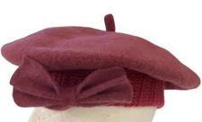 Womens Wool Beret Cap Hat Pink With Bow NEW French Chic Retro Boho Winter Hat