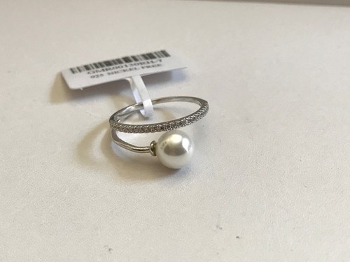 OVERLAP PEARL RING SIMULATED DIAMONDS/PEARL / 925 STERLING SILVER/ SZ 5 TO 9 - Picture 2 of 5