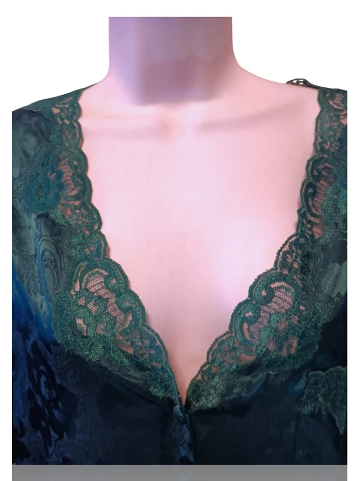 复古内衣 Cacique 尺寸 S 纽扣缎面睡眠衬衫,蓝色绿色。 NS-22 — 第 4/4 张图片